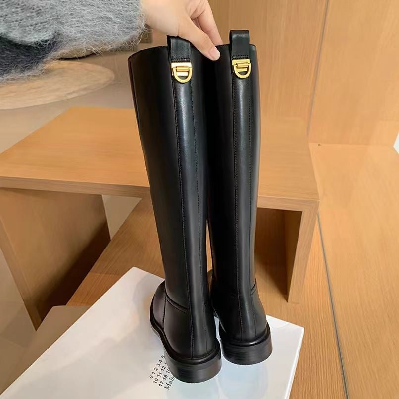 Zipper Fleece-lined Long Biker Boots Women's Autumn And Winter