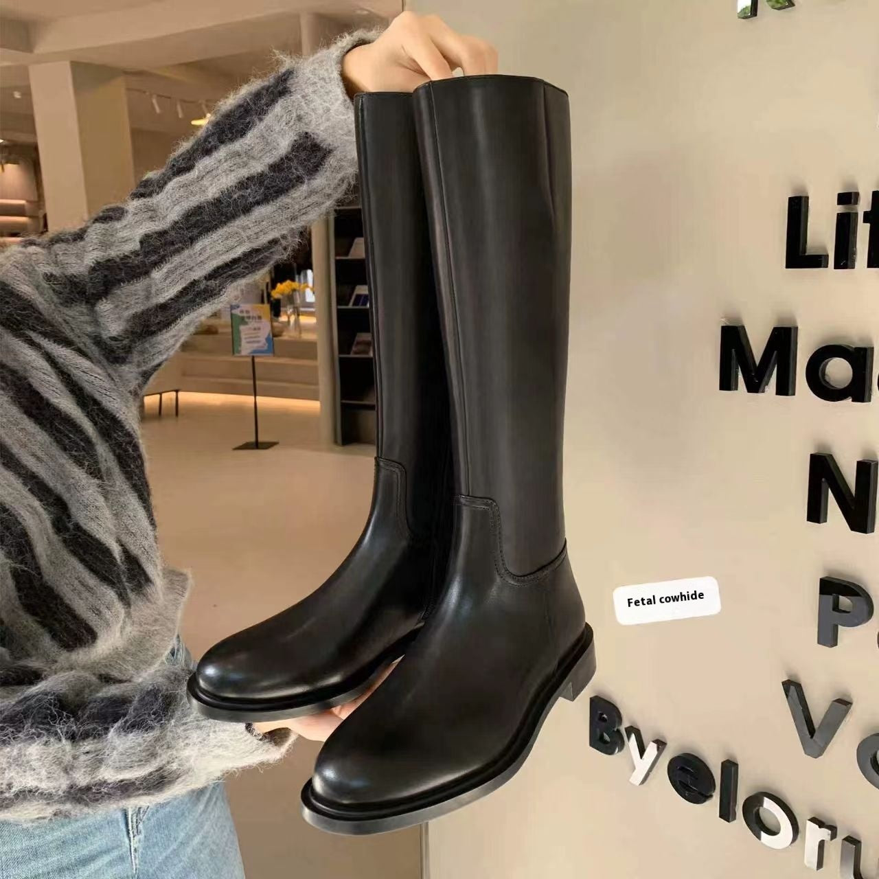 Zipper Fleece-lined Long Biker Boots Women's Autumn And Winter