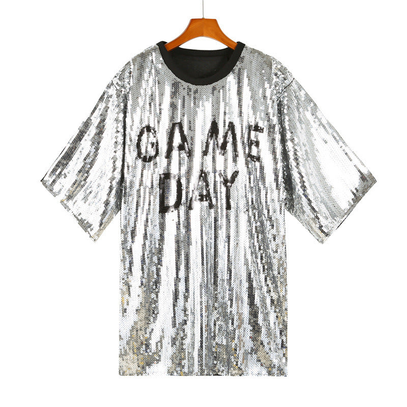 Sequined Short-sleeved Top Loose Plus Size T-shirt For Women