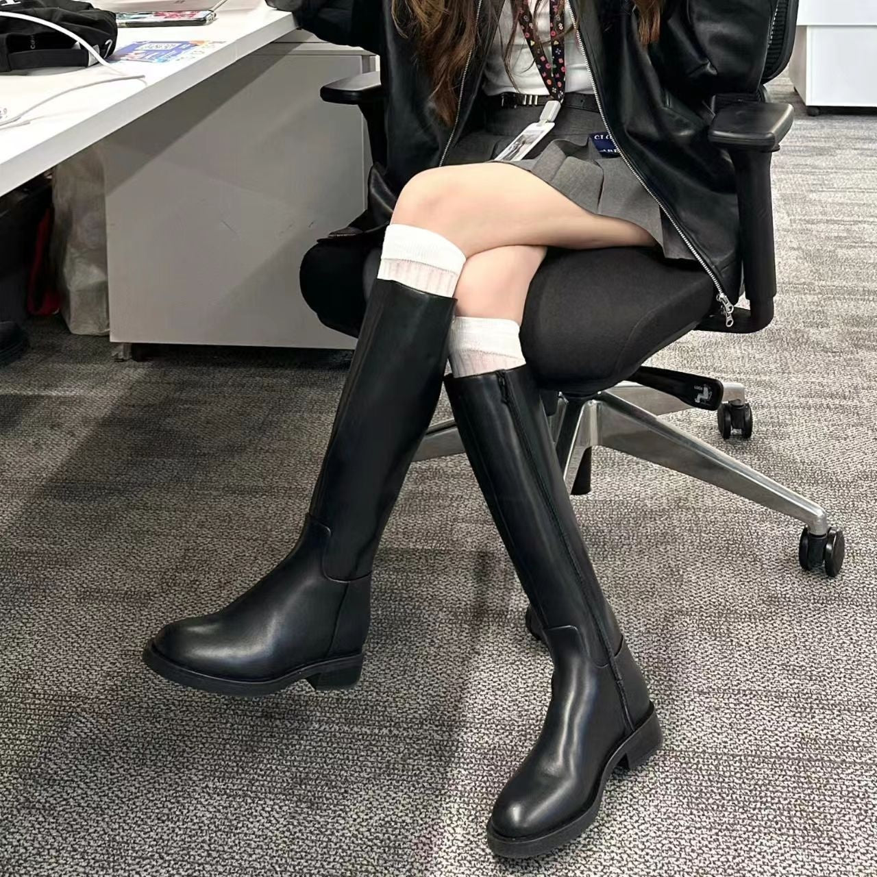 Zipper Fleece-lined Long Biker Boots Women's Autumn And Winter